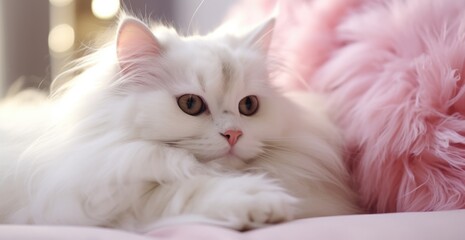 a small fluffy cat laying down on a couch with pillows