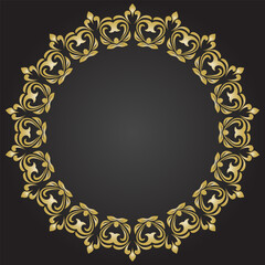 Oriental vector round frame with arabesques and floral elements. Floral round black golden border with vintage pattern