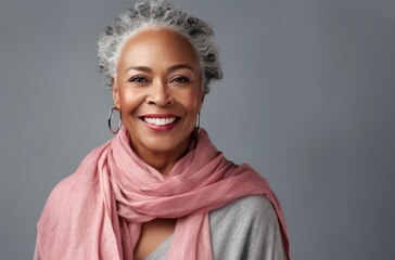 a smiling africanamerican woman wearing pink scarf
