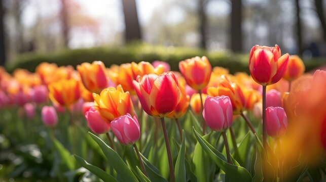 A stunning image of a field of brightly colored tulips