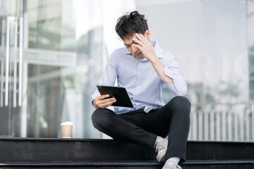 Concept of business failure and unemployment problem, unemployment stress businessman sitting on stairs.