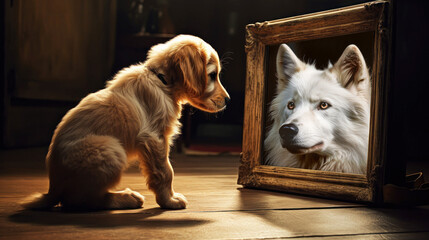 White Labrador Puppy Looking at a Mirror and Seeing His Reflection as a White Wolf. White Wolf Inside The Mirror. Close Up View. Concept on the Development of Either - obrazy, fototapety, plakaty