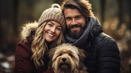 Happy couple with hasky dog at forest nature park in winter