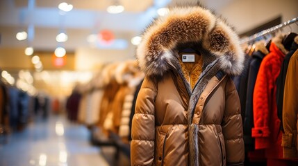 Winter women clothes in clothing store. Women's winter parka with a fur hood - obrazy, fototapety, plakaty