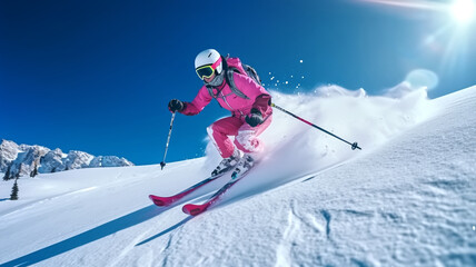 The skier is on piste running downhill in a beautiful Alpine landscape. Blue sky in the background. Free space for text.
