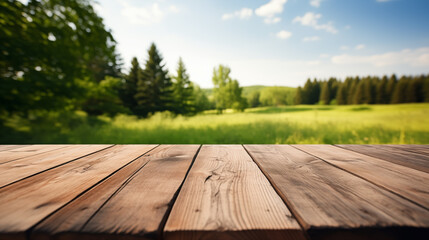 Fototapeta na wymiar wooden table on grass background