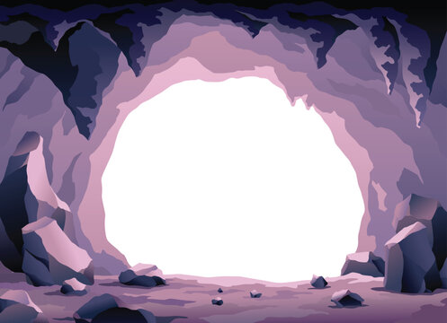 Cave landscape. Stone cave entrance with empty white space inside. Prehistoric dungeon entrance, rock cavern game illustration. Vector image of tunnel in mountain or mine in rocks