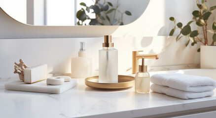 a white bathroom with marble countertops and several bathroom products
