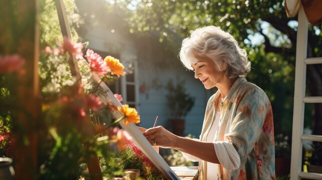 A woman in her 70s paints a landscape scene on a canvas in her backyard