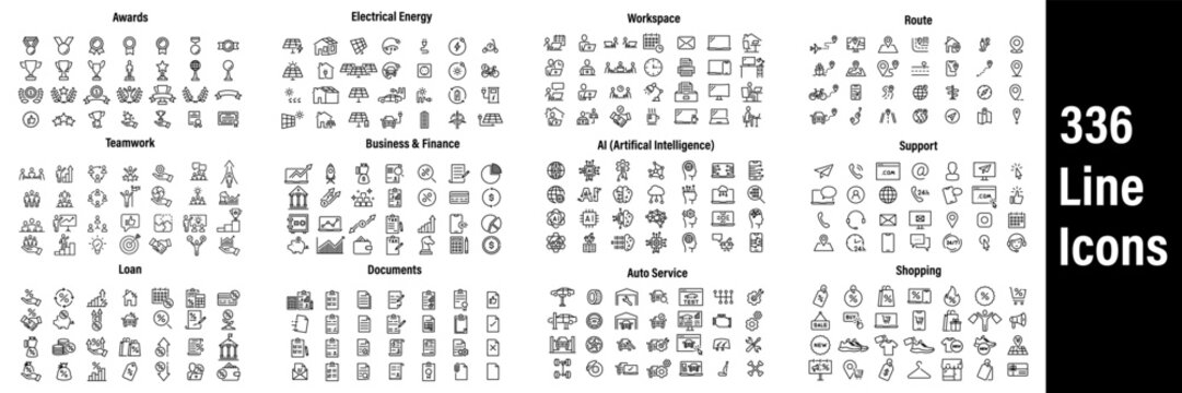 Set of 336 Business Web Icons. Business and Finance, Teamwork, Loan, Documents, Support. Vector in Line Style Icons