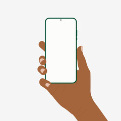 Hand holding a smartphone with blank screen. Vector illustration in flat style.