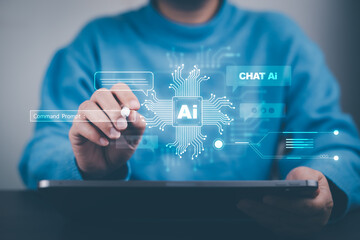 Ai tech, Business person  show virtual graphic Global Internet connect Chatgpt Chat with AI,...