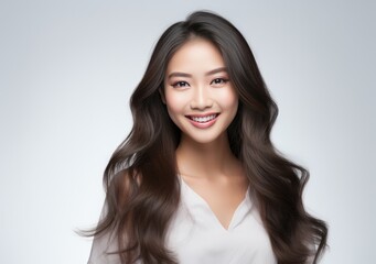Fototapeta premium a young asian woman holds onto the camera to show off her long hair