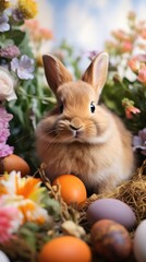 Fototapeta na wymiar An adorable bunny rabbit sitting in a bed of flowers, surrounded by Easter eggs