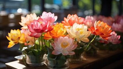 Colorful lotus flowers in vase on wooden table, stock photo