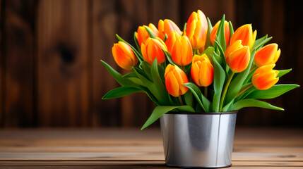 Tulips in metal bucket on a brown wooden background
