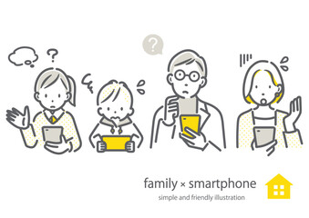 スマホに問題を抱えるミドル世代の4人家族　シンプルでお洒落な線画イラスト