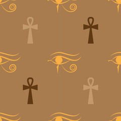 Eye of Horus and ankh egyptian cross seamless pattern. Egyptian vector illustration.