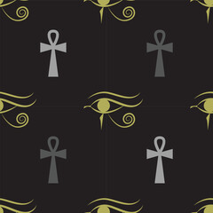 Eye of Horus and ankh egyptian cross seamless pattern. Egyptian vector illustration.