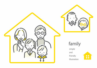 ミドル世代の4人家族と離れて暮らす祖父母　シンプルでお洒落な線画イラスト