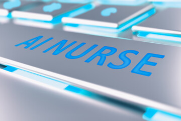 Illustration with a close-up of a keyboard and the AI NURSE button. Background on the topic of easy...