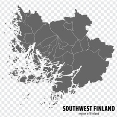 Blank map Southwest Finland Region  of  Finland. High quality map Southwest Finland on transparent background for your web site design, logo, app, UI.  Finland.  EPS10.