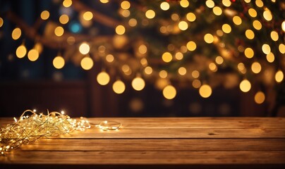 wooden table with glowing Christmas lights. wood board table in front of Christmas warm gold garland lights. Festive background. glitter overlay