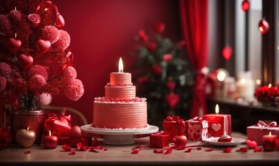 Valentine decoration with a red cake love and gifts, the Valentine tree and lamp theme background