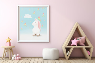 Mock up poster in children's room interior. minimalist children room with pink wall, Interior of children's room with unicorn picture frame on the wall