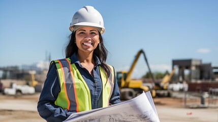 Female hispanic lady woman engineer smiling at construction site - obrazy, fototapety, plakaty