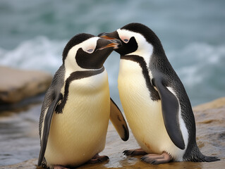 Fototapeta premium a pair of penguins engaging in bonding behaviors, emphasizing the social aspect of their lives