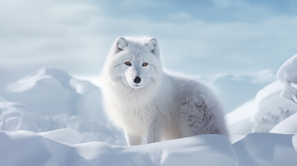 Arctic fox in its winter coat, blending into the snowy landscape
