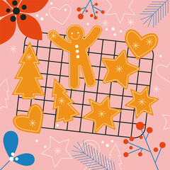 Cooking baking Christmas gingerbread cookies. Preparing for winter party holiday. Cook together. Homemade funny cookies in form of holiday symbols. Flat vector illustration. Trendy abstract style.