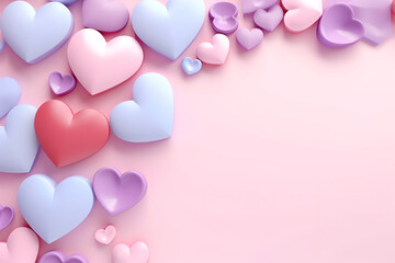 Valentine's Day background, with 3D hearts, with copy space, in candy pastel color. On a pink...