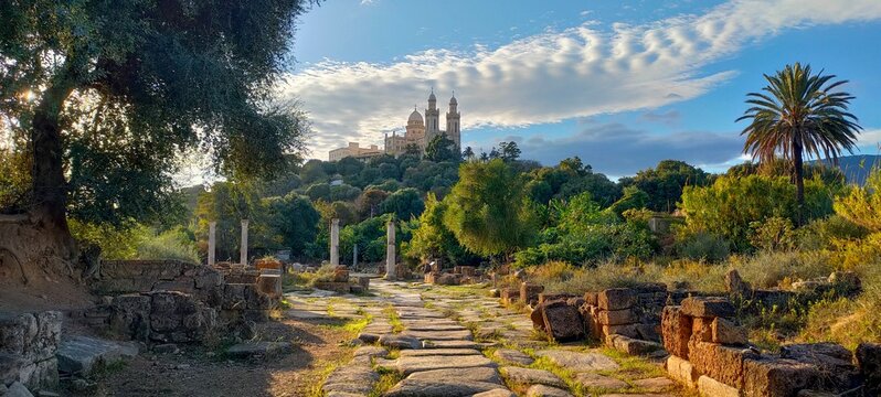 Panoramic view of the Roman archaeological site of Hippo, and the basilica of Saint-Augustin at the top of the hill in the background in Annaba