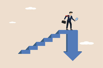 Obraz premium Stock market decline in crisis, investment or economic recession, career dead end or financial risk concept, frustrated businessman investor climbing stairs with downward arrow above.