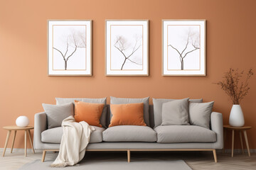Living room interior with posters on the wall. Warm and cozy interior of living room space with sofa, pouf, beige carpet, lamp, mock up poster frame, decoration, plant and coffee table. Cozy home
