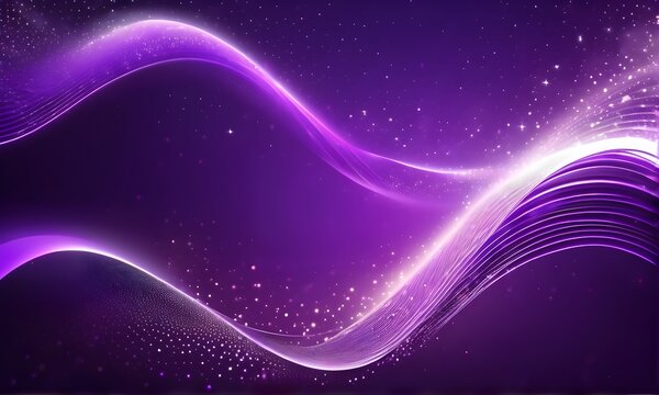 Abstract dark purple background with glowing particles, waves, and stars. Galaxy, futuristic world. Designed for banners, wallpaper, template, background, postcard
