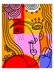 Abstract line drawing face portrait geometric decorative with simple color hand drawn illustration art print design.