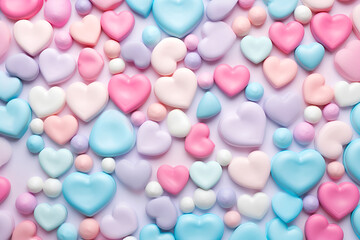 Valentine's Day background, with 3D hearts, with copy space, in candy pastel color. On a blue...