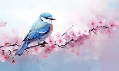 Blue bird on branch of cherry sakura, spring background