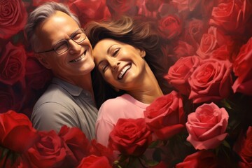 Happy Valentines Day banner, middle age couple in love with rose flowers background