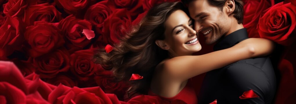 Happy Valentines Day banner, couple in love with rose flowers background