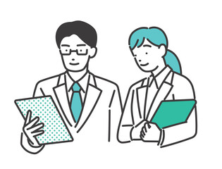 タブレットを見て話し合いをする研究者のアイコンのベクターイラスト素材