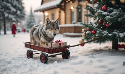Christmas decoration with a wolf pulling a cart full of gifts, a Christmas tree and gifts in the snow in a winter park