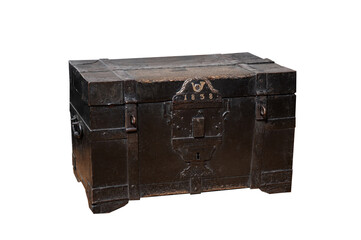 vintage wooden chest for transporting postal parcels and letters isolated on white background