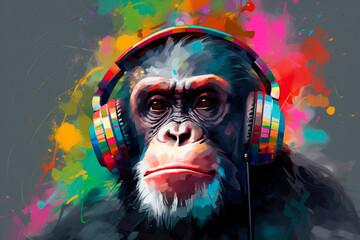 Generative Ai illustration of a portrait of a party monkey ape with headphones on a colorful abstract background