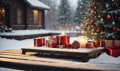 Christmas decoration with a empty wooden tabletop, toy gift carrying a Christmas tree and gifts in the snow in a winter park