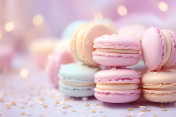 Obraz premium Variety Pastel color Closeup French macarons on blurred background and glittered star Sweet and dessert, Colorful french desserts banner with copyspace. 