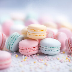 Obraz premium Variety Pastel color Closeup French macarons on blurred background and glittered star Sweet and dessert, Colorful french desserts square with copyspace. 